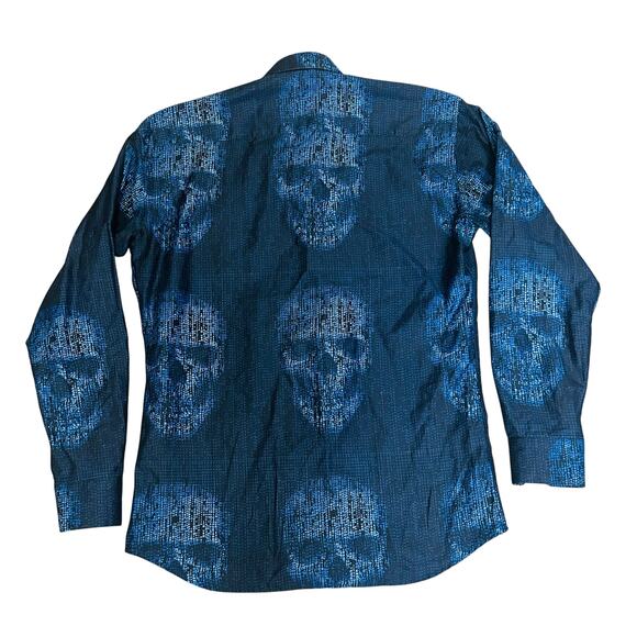 Maceeo Skull Print Button Down Dress Shirt Navy Blue Long Sleeve Small OOAK - Picture 3 of 9